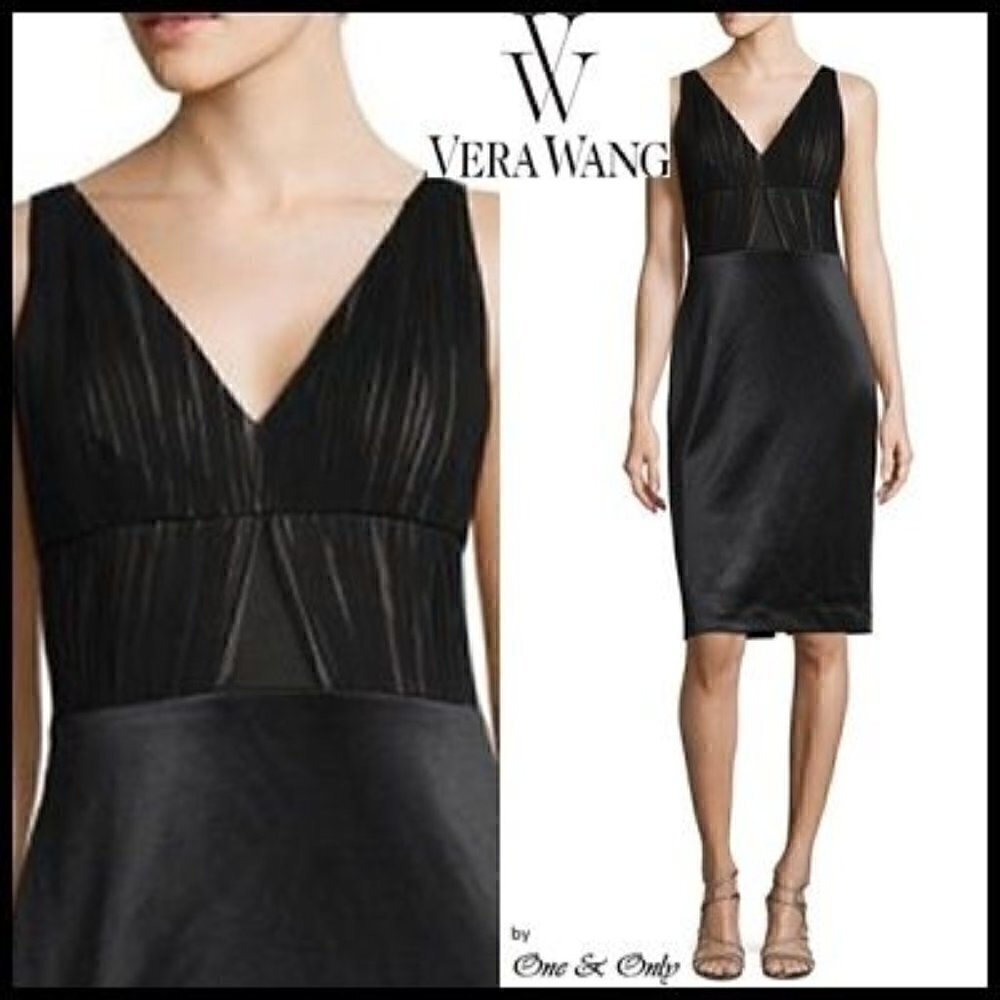 Vera Wang Black Silk & Satin V Neck Evening Midi Dress Size 12